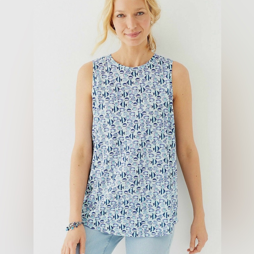 J.Jill Love Linen Small Petite Portofino Linen Tank Top Blue Tropical Fish Print